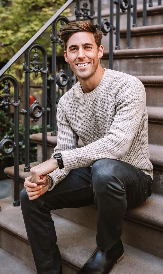 Beige Sweater, Men's Winter Fashion Tips With Black Formal Trouser, Casual Men's Fall Outfits: 