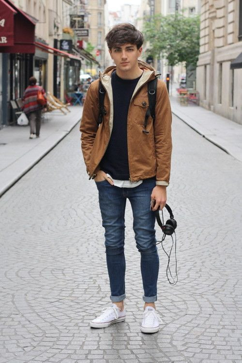 Brown Puffer Jacket, Guys School Outfit Trends With Dark Blue And Navy Casual Trouser, Teen Boy Clothes: 