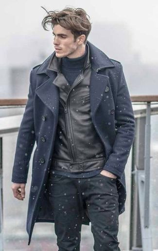 Grey Casual Jacket, Turtleneck Outfits Ideas With Black Leather Trouser, Cute Winter Outfits Men: 