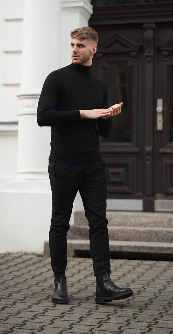 Black Sweater, Chelsea Boots Attires Ideas With Black Casual Trouser, Outfit All Black: 