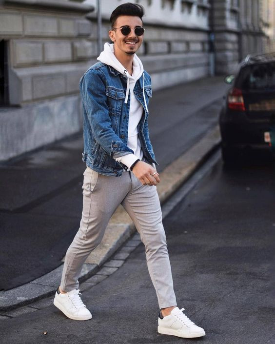 Light Blue Denim Jacket, Camping Fashion Trends With Beige Casual Trouser, White Sneakers Outfit Male: 