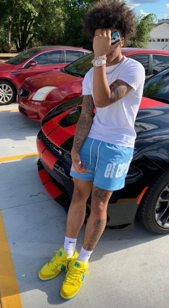 White T-shirt, Dope Wardrobe Ideas With Light Blue Sportswear Short, Stylish Mens Outfits: 